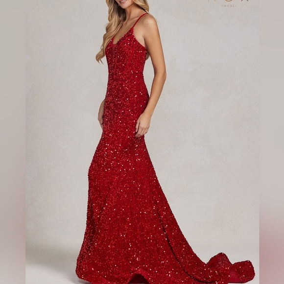 Aqua/black,black formal dress, blue,red sequins mermaid long lace up open back - Picture 6 of 11